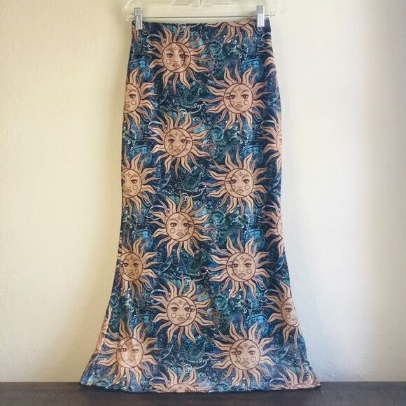 SOLD** Maxi skirt sun moon print blue green tan lined hippie boho - Picture 1 of 3
